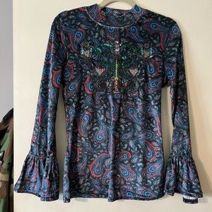 Free People Mock Turtleneck Velvet Sequin Top Bell Sleeves Size Large